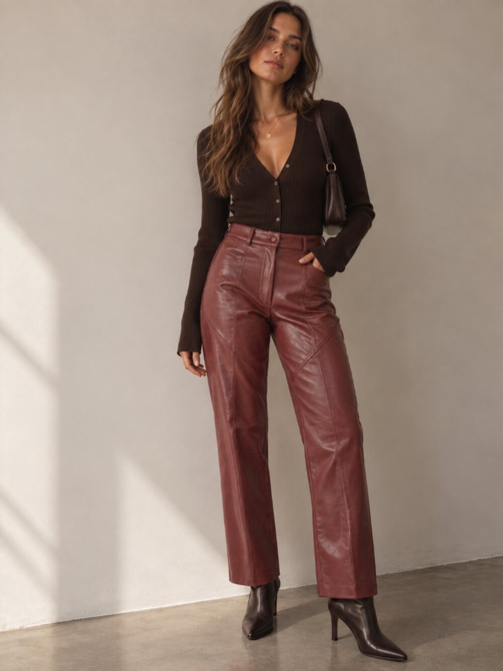 ARITZIA WILFRED Rebel Vegan Leather Burgundy Straight Leg Pants Cool Girl Chic 4